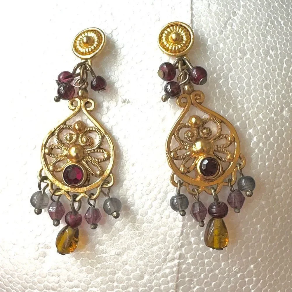 Gold tone beaded red rhinestone drop earrings